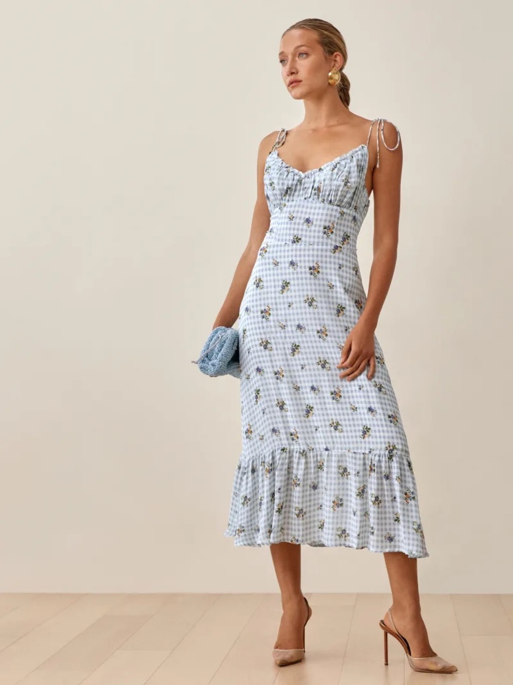 Reformation Embry dress Midi Dress in Al Fresco (Blue & White Gingham) Size 8